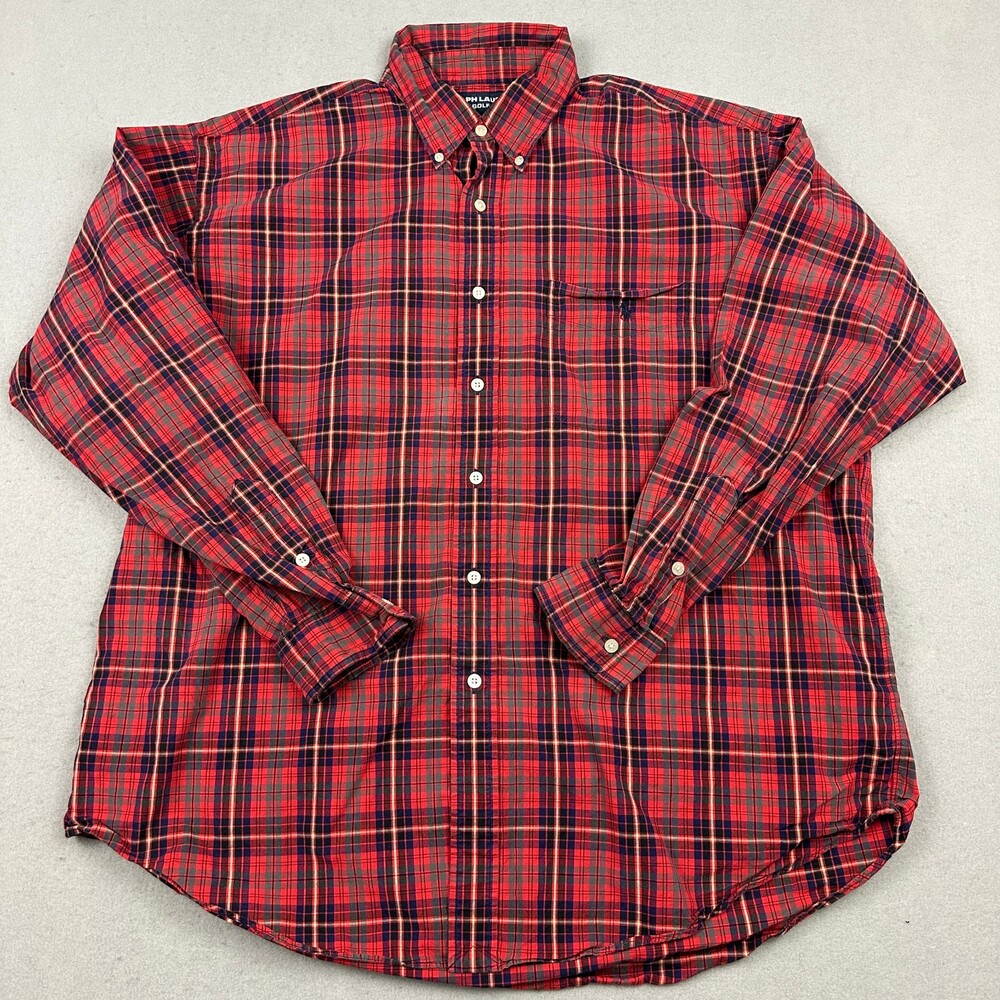Ralph Lauren Golf Shirt Men Extra Large Red Plaid Tilden Pony Pocket Oxford XL